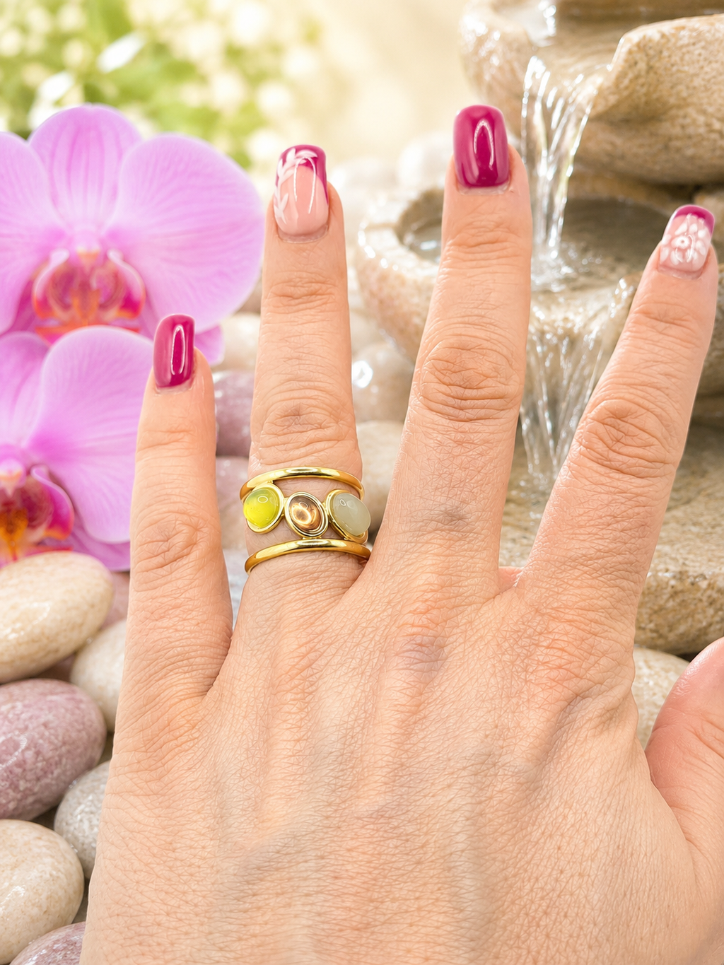 Bague géométrique ajustable en acier inoxydable avec 3 pierres
