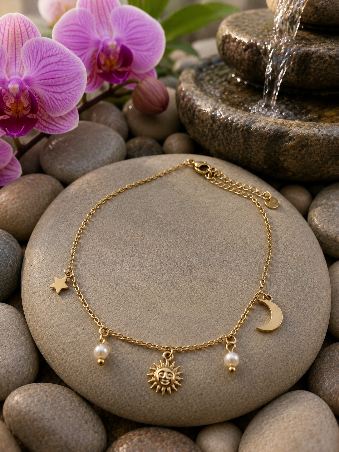 Chaîne de cheville dorée à pendentifs constellation et perles