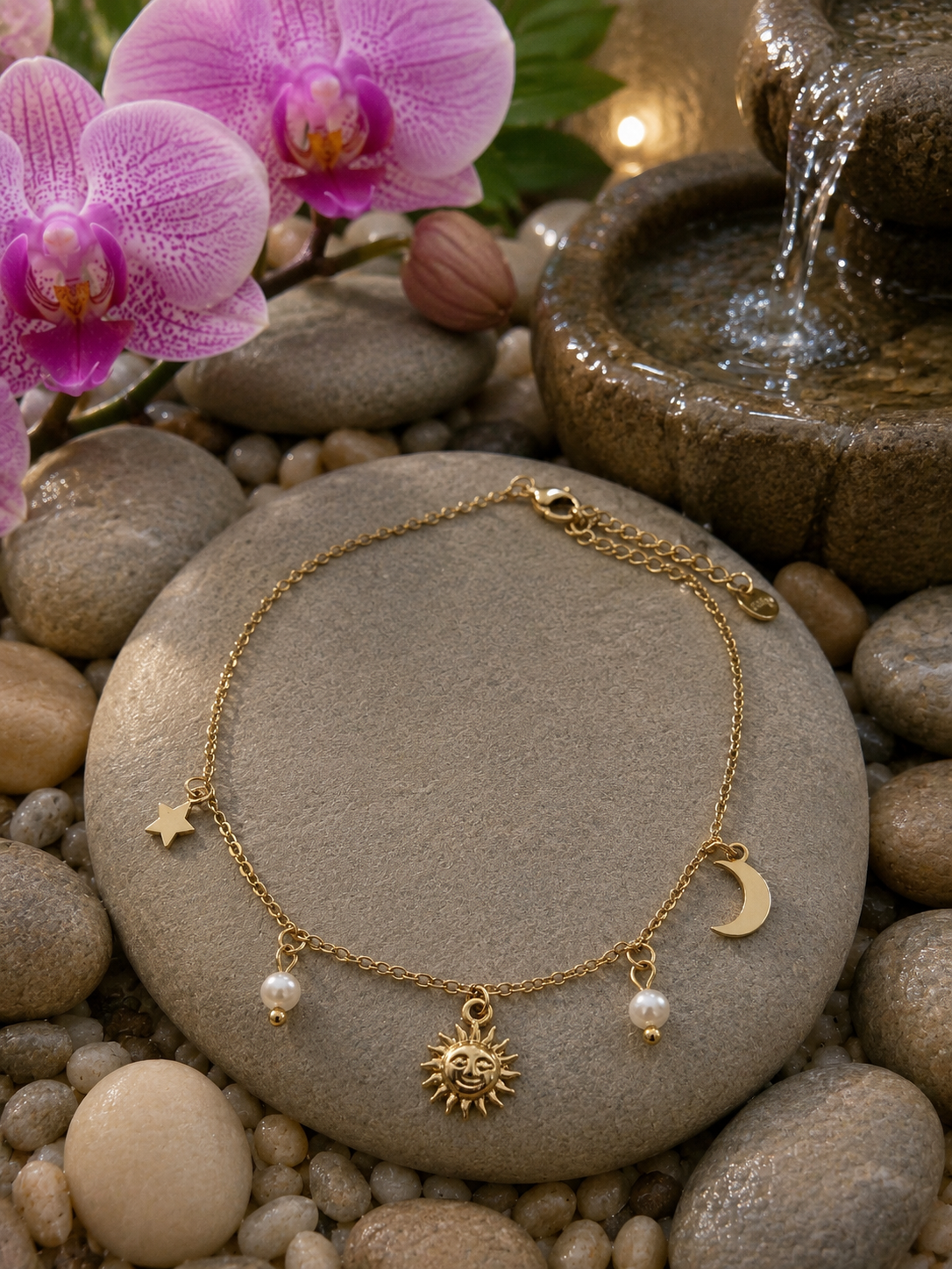 Chaîne de cheville dorée à pendentifs constellation et perles